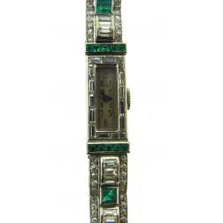 1920's Art Deco Platinum Diamond and Emerald Cartier Watch