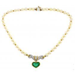 Bvlgari Heart Emerald Diamond Pearl Gold Necklace Bulgari