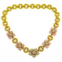 Van Cleef & Arpels Vintage Alhambra Gold Necklace with Coral and Diamond