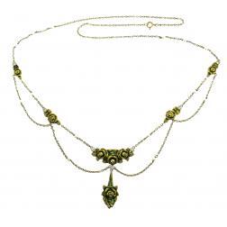 Art Nouveau Enamel Gold Necklace and Earrings Set with Diamond and Seed Pearl