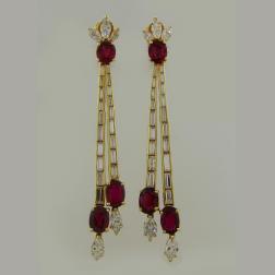 Vintage Ruby Diamond Yellow Gold Dangle Earrings French