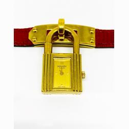 Vintage HERMES Kelly Gold Padlock Wrist Watch Red Animal Skin Strap Bracelet