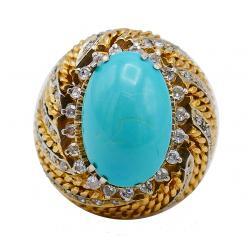 Vintage Turquoise Ring 18k Gold Diamond French Signed SC