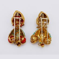 French Vintage Pin Brooch Pair by Dessin 18k Gold Gems