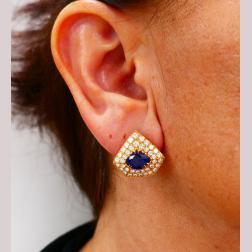 Areza Vintage French Earrings 18k Gold Sapphire Diamond