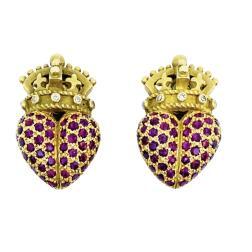 Kieselstein Cord Crown Heart Earrings Gold Ruby Diamond